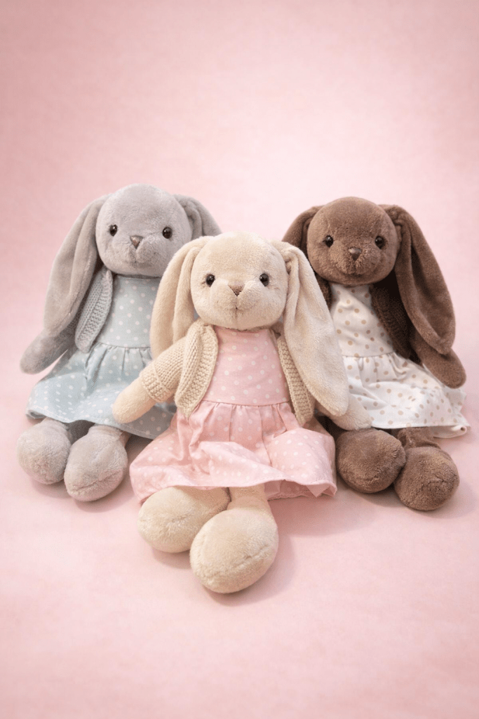 Tres conejitos de peluche sentados, uno gris, uno beige y uno marrón, cada uno con un vestido de lunares y un fondo rosa.
