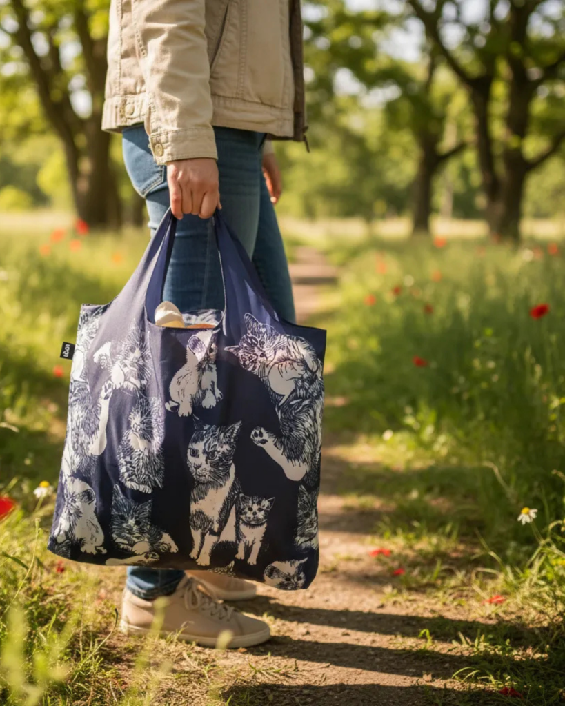 Una persona sostiene una bolsa de tela azul con estampados de gatos mientras camina por un sendero rodeado de naturaleza. bolsa LOQI