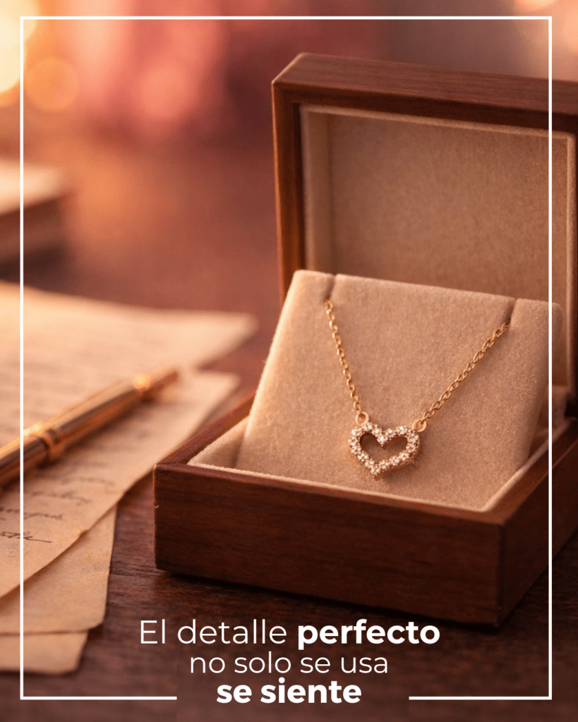 Collar de corazón con piedras brillantes en una caja de joyería de madera, con un fondo suave y un bolígrafo y papeles en el lado.