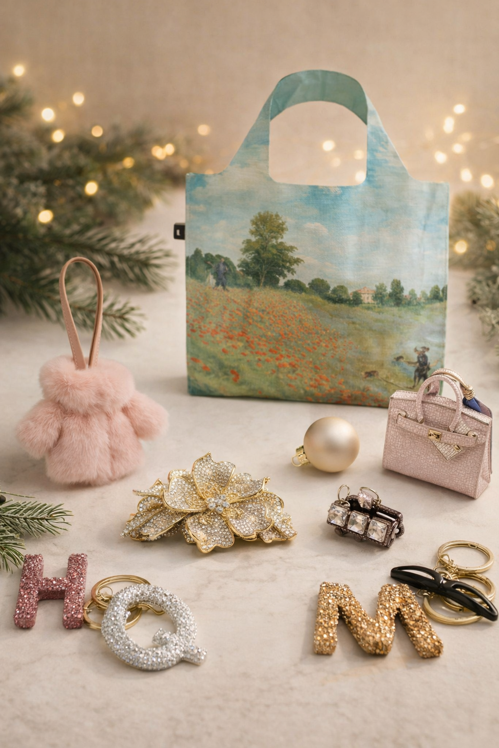 Una bolsa decorativa con una imagen de un paisaje, rodeada de varios accesorios como llaveros, un broche, una esfera decorativa y una pequeña bolsa de mano. Fondo con luces suaves y ramas de pino.