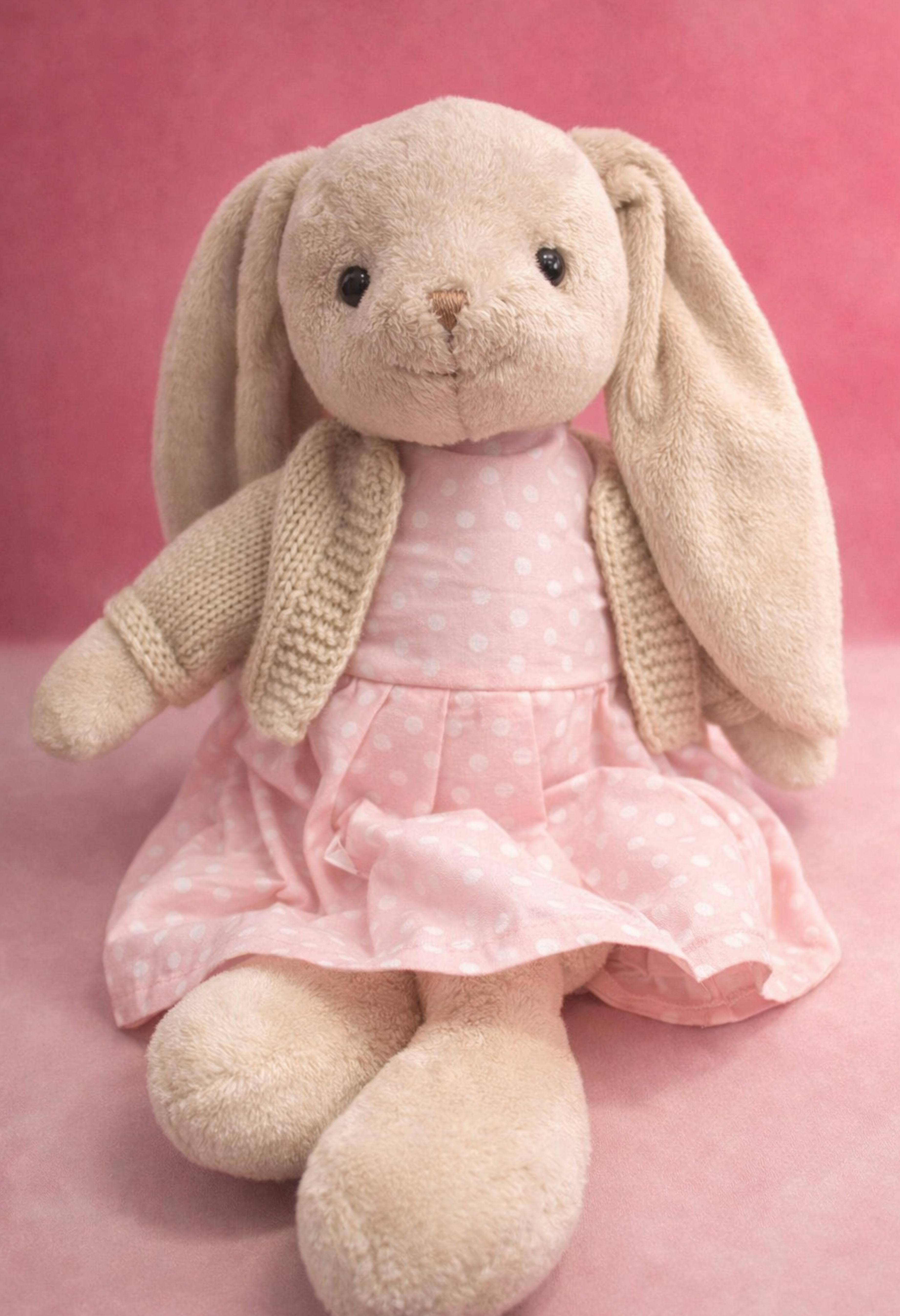 Un conejo de peluche con orejas largas, vestido con un vestido rosa con lunares y un suéter de punto, posando frente a un fondo rosa.