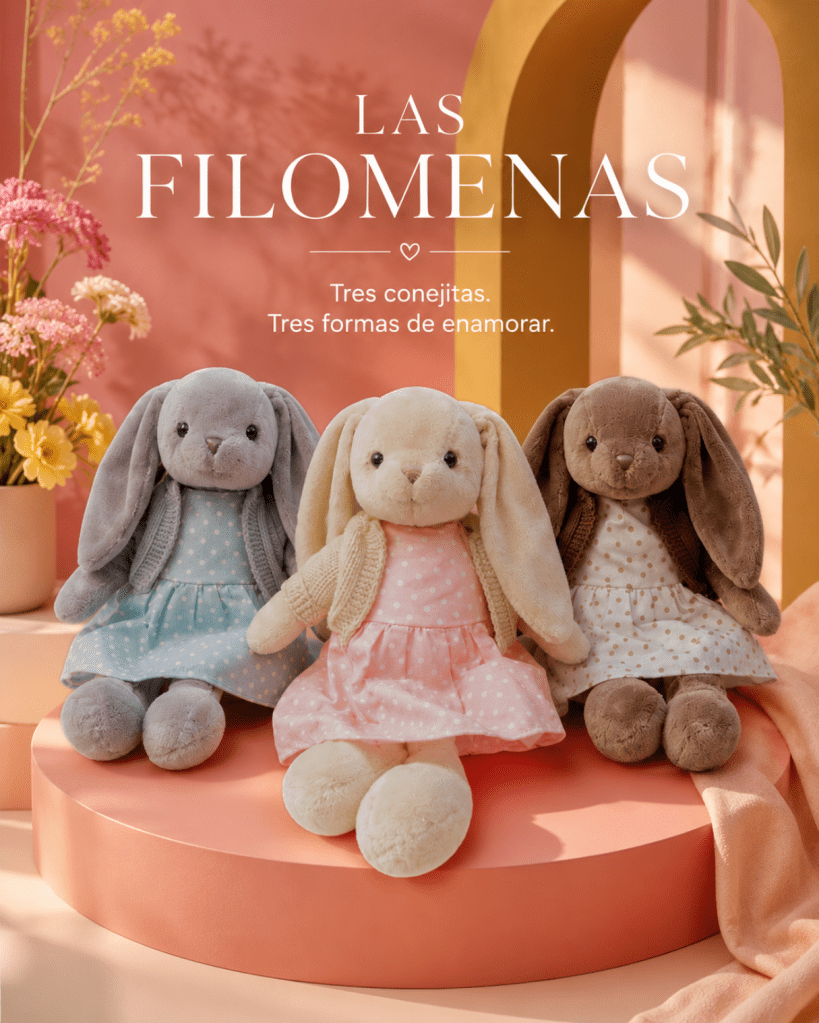 Peluches de filomenas, filomena rosa, filomena café, filomena azul, conejitas filomenas, peluche de conejita, conejita con vestido 